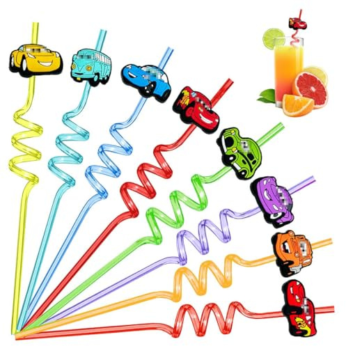 8 Stück Car Strohhalm Kinder, Strohhalme Wiederverwendbar Rennwagen, Lockige Party Trinkhalme, Rennen Thematische Strohhalme,Trinkhalme für Kindergeburtstagsparty Dekoration,Mitgebsel Kindergeburtstag