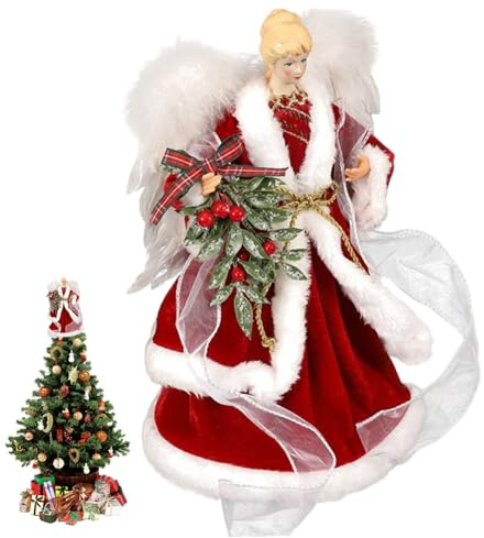 Angelo puntale per albero di Natale, 20,3 cm, statuette di angelo rosso per la casa e le vacanze, ornamento invernale