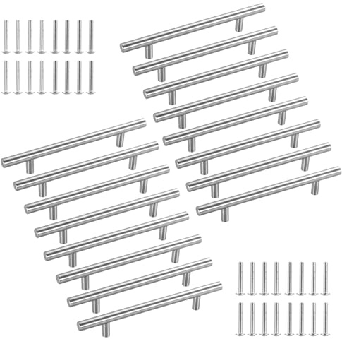 MDPUTY 16 PCS Kitchen Cupboard Handles, 128 mm Stainless Steel T Bar Handles Drawer Silver Cabinet Handle Wardrobe Cabinet Pull Handle for Bathroom Bedroom Kitchen
