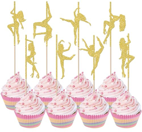 24 Packung Pole Tanz Mädchen Geburtstag Tortendeko Stripper Party Dekoration Glitte Pole Dancing Cupcake Topper für Bachelorette Braut Dusche Kuchendeko für Geburtstag Gold