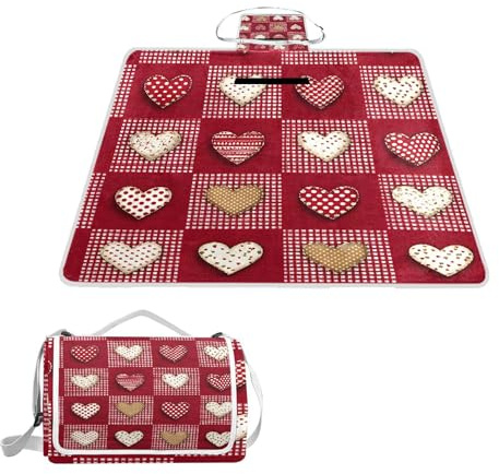 ALAZA Rechteckige, wasserdichte Picknickdecke, rot-weiß kariertes Herz, tragbar, faltbar, für drinnen und draußen, Matte für Reisen, Wandern, Camping, Park, 150 cm x 145 cm