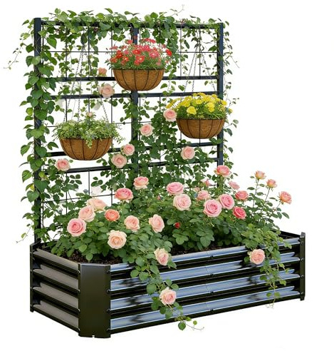 Jardinière surélevée avec treillis, 121 x 61 x 134 cm, jardinière en métal avec treillis attaché, jardinière d'extérieur robuste pour plantes grimpantes, légumes, tomates, concombres et fleurs – Noir