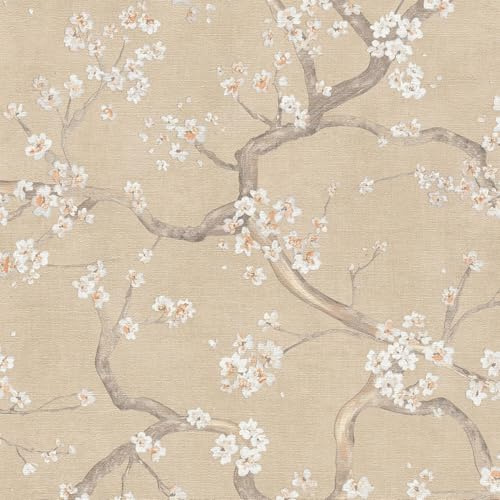 Profhome Blumen Tapete 781992-GU heißgeprägte Vliestapete beige creme-weiß pastell-orange grau-braun 0,53 m x 10,05 m = 5,33 m2