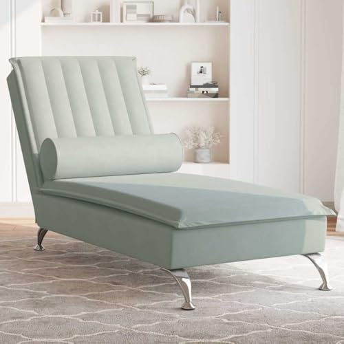 Keeushr Massage-Chaiselongue mit Nackenrolle Hellgrau Samt Vibrationsfunktion und verchromten Metallbeinen für Stabilität und Elegante Wohnraumgestaltung