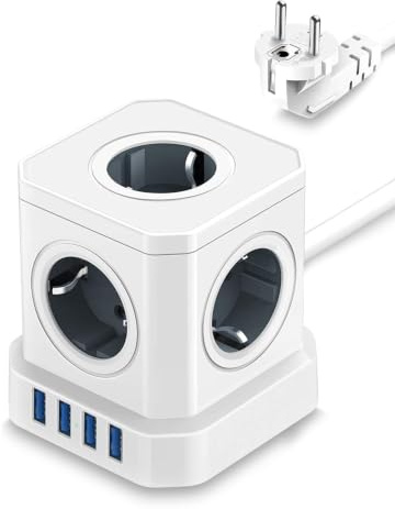 Multiprise Cube avec 4 Ports USB, Rallonge Électrique 2 m,Bloc Multiprise 9 en 1 avec 5 Prises 13A 3250W, Protection contre les Surtensions, Prise Multiple pour Bureau, Maison, PC,TV, Téléphone, Blanc