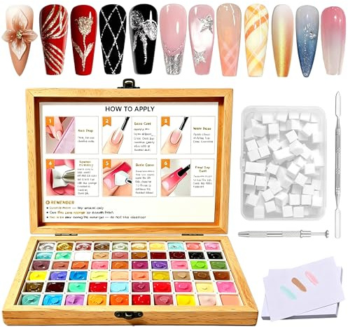 60 Colors No-Wipe Patting Gel Palette with Large Wooden Box | Includes 100 Sponges & Tools, for Ombre/Aura/French Nails, DIY Nail Art, Beginner-Friendly, Gift for Women Girs