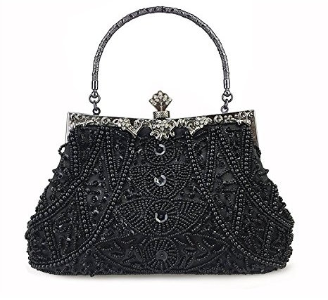 HONGCI Women's Black Glitter Fashion Beaded Sequin Pearl Clutch Handbag - Vintage Beaded Evening Bag, Bridal Bag, Clutch for Wedding, Party, Prom