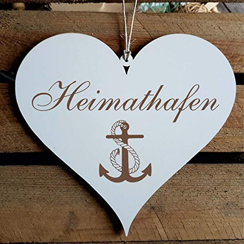 Schild Herz HEIMATHAFEN ca. 13 x 12 cm - Holzschild mit Motiv ANKER - Türschild Dekoschild