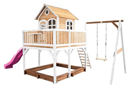 AXI Spielhaus Liam mit Sandkasten, Schaukel & lila Rutsche | Stelzenhaus XXL in Braun & Weiß aus FSC Holz für Kinder | Spielturm mit Wellenrutsche für den Garten