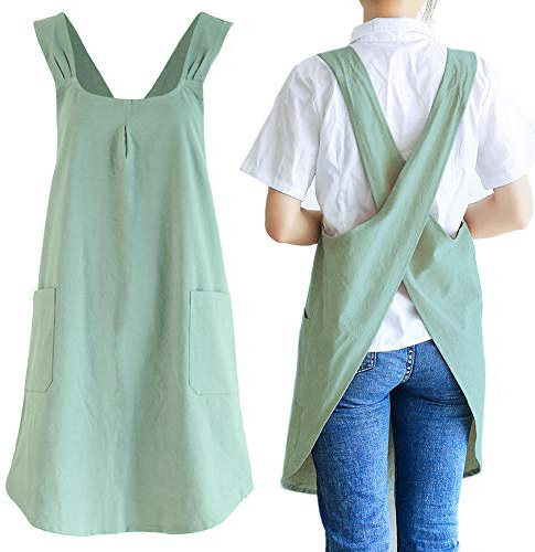 NEWGEM Japanese Linen Cross Back Kitchen Cooking Aprons for Men with Pockets for Baking Painting Gardening Cleaning Light Green