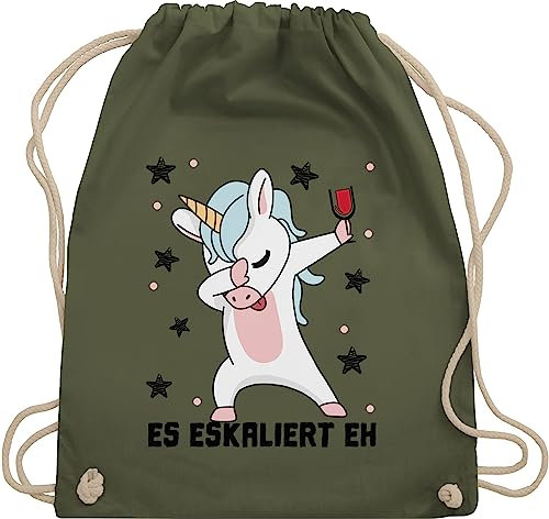 Turnbeutel Rucksack - Party & Alkohol Damen - Es eskaliert eh Einhorn mit Weinglas - Unisize - Olivgrün - sportbeutel groß baumwolle tasche baumwollrucksack ruckack stoff beutel baumwollbeutel