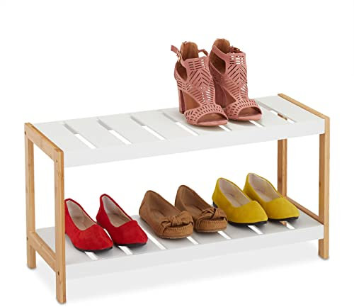 Relaxdays Schuhregal, 2 Ebenen, für 6 Paar Schuhe, offen, Schuhständer HBT: 36 x 70 x 26 cm, MDF, Bambus, Weiß, Hellbraun