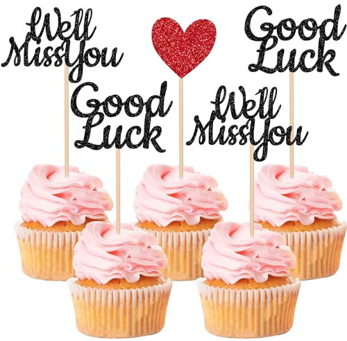 SYKYCTCY 24 Pack We Will Miss You Cupcake Toppers Glitter Red Love Heart Good Luck Cupcake Picks Retirement Theme Going Away Party Cake Decorations Black