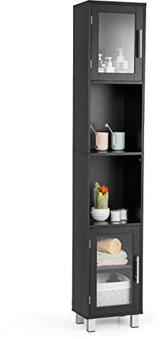 RELAX4LIFE Bathroom Tall Cabinet, 5-Tier Slim Storage Cupboard with 2 Tempered Glass Door & Adjsutable Shelf, Freestanding Tallboy Unit Storage Organizer for Bathoom Living Room Kitchen (Black)