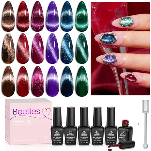 Beetles Cat Eye Gel 6 Farben glitzernd rot glänzend braun bordeauxrot magnetisch funkelnd atemberaubendes Nagellack-Set