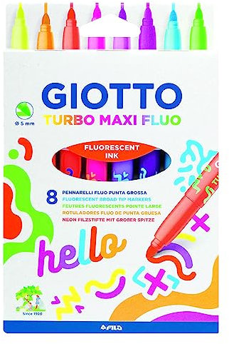Giotto Turbo Maxi Fasermaler mit fluoreszierender Tintenfaserspitze, breite Spitze, 5 mm Mine, 8 Farben