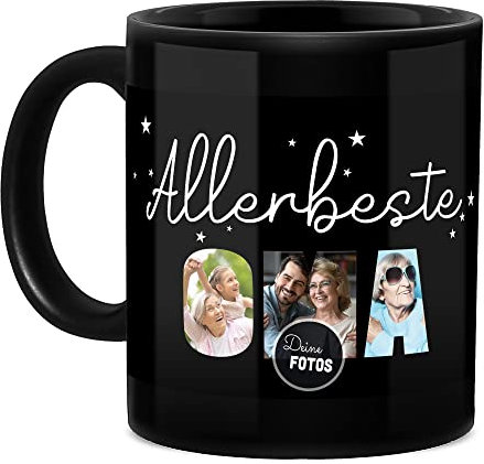 Tassendruck Schwarze Tasse mit Spruch - Allerbeste Oma - Zum Selbst Gestalten mit Foto-Collage für 3 Fotos, Geschenk für Oma, Geburtstag, Muttertag | 300 ml, Personalisiert
