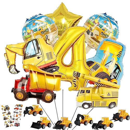Bagger kinder 4. jahre luftballons geburtstag Deko set,geburtstagsdeko baustelle - Mit 6 Stück Bau-LKW-Modell Spielzeuggeschenken und Aufklebern