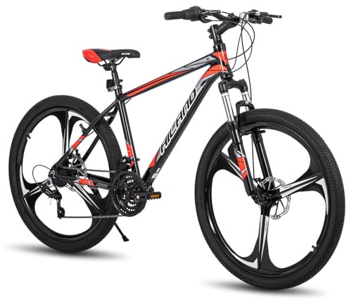 Hiland 26 Zoll Mountainbike MTB mit Aluminiumrahmen Scheibenbremse Federgabel 3 Speichenräder für Jugendliche Fahrrad Herren Damen Jungen Mädchen Schwarz Rot