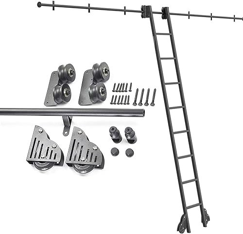 Schiebetür-Bausatz | Bibliotheks-Schiebeleiter-Hardware-Kit (ohne Leiter), mattschwarzes Rundrohr, Mobile Leiterschiene/Schiene für Bücherregal, Heimbüro (ohne Leiter) (Größe: 20 F