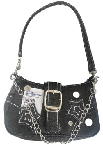 Y2K Star Denim Achseltasche Vintage Gothic Umhängetasche Damen Grunge Punk Handtasche & Geldbörse, Schwarz A, 9inch