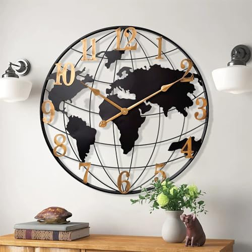 KEQAM Große Weltkarten-Wanduhr, Metall, minimalistisch, Moderne Uhr, rund, leise, Nicht tickend, batteriebetriebene Wanduhren für Wohnzimmer/Zuhause/Küche/Schlafzimmer/Büro/Bauernhaus-Dekor (76,2 cm)