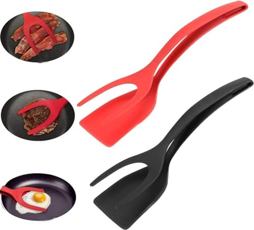 YongXiangPeng 2 Pack 2 in 1 Grip and Flip Spatula Tongs, Fried Egg Flipper Toast Tongs, Frying Tongs Flip Tongs for Egg Steak Frying Turn Grill (Black and Red, 2 Pcs)