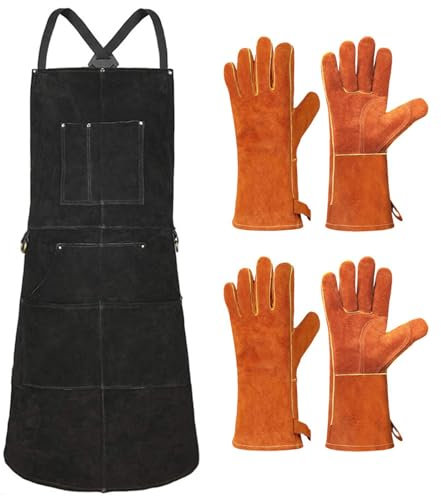 NALSA Delantal de soldadura de cuero resistente con guantes de soldadura, delantal de seguridad soldador, delantal de trabajo ignífugo resistente al calor de gamuza para barbacoa,Black-OneSize