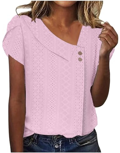 Cocila Bluse Damen Vintage Damen-Sommeroberteile, kurzärmelig, V-Ausschnitt, Hemden, Knopfleiste, Ausgehen, Blusen für Damen, elegant, lässig, 2024, Trendige Kleidung Shirt Langarm Damen Blau