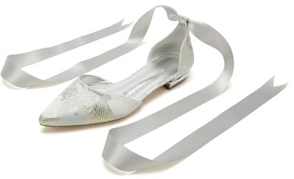 FADUNI Womens Round Toe Ballet Flats Pumps Ribbon Ankle Strap Lace Up Wedding Bridal Slip on Pumps Shoe,Silver,9 UK