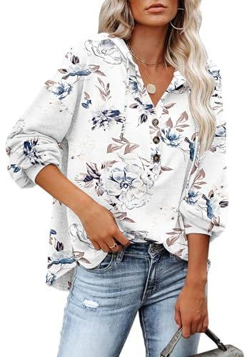 PLOKNRD Kapuzenpullover Damen Langarm Knöpfen Pullover mit Kordelzug Freizeit V-Ausschnitt Hooded Henley Sweatshirt Klassisch(Weiße Blume, M)
