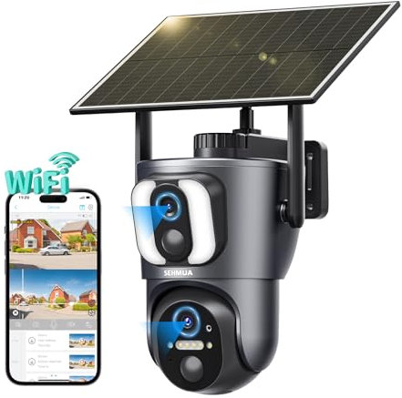 SEHMUA Dual Lens Linkage Überwachungskamera Aussen WLAN, Dual-Objektiv Dual-Ansicht WiFi Kamera Outdoor mit Personenerkennung Farbnachtsicht Schwenkbar mit PIR-Bewegungserkennung, Zwei-Wege-Audio,IP65