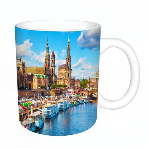 KDWJS Tasse Keramik Kaffeetassen Große 11oz Tassen 330ml Trinkgläser Mit Griff Personalisierte Geschenk Weiß,Fernwehdekor, malerischer Sommerblick auf die Altstadt mit dem Elbufer in Dresden