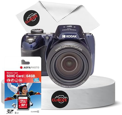 Clikoze Digital Camera Bundle - Includes PixPro Midnight Blue AZ528 Digital Camera, 64GB SDXC Card and Clikoze Cleaning Cloth