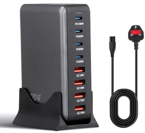 Black 200W 8-Port Desktop Charging Station with 4 USB-C and 4 USB-A Ports & 1.5m UK Extension Cord for Laptops and Mobile Phones