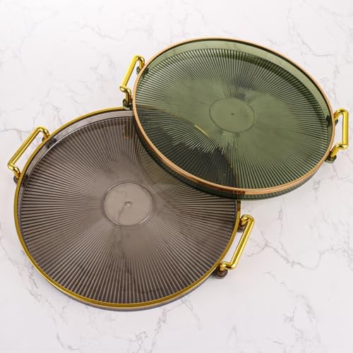 ZOFUN 2 bandejas redondas para servir, bandejas de té de 27 x 3 cm con asas, bandejas redondas decorativas verdes y grises, bandejas de mesa de centro de plástico para el hogar, restaurante, bar,