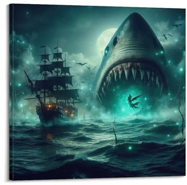 ZLQYHW Meerestier-Poster, riesiges Megalodon, schluckt ein Kriegsschiff, dekorative Leinwand, Familienschlafzimmer, Kunstwerk, Bild, Gemälde, 50 x 50 cm