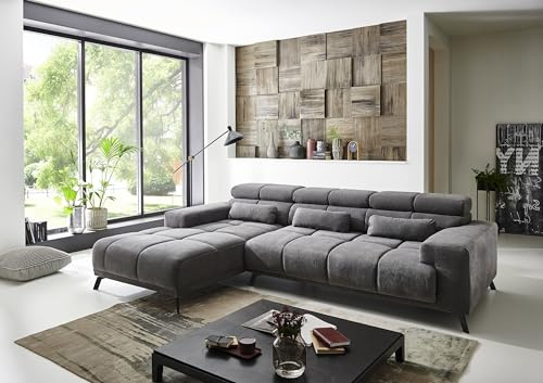 möbelando Wohnlandschaft >Starlett< in grau, Ottomane Links, elektrische Sitztiefenverstellung, Metallfüße schwarz, Nosagunterfederung, Bonellfederkern, inkl. 3 Zierkissen, 285x79-99x201 cm (BxHxT)