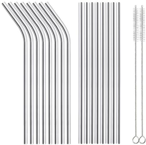 18 Pcs Stainless Steel Straws, Reusable Metal Drinking Straws with 2 Cleaning Brush for Smoothie, Milkshake, Cocktail and Hot Drinks