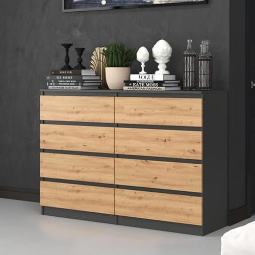 Home Collective Kommode, Schlafzimmer Flur, Schrank, Sideboard, Highboard mit 8 Schubladen, Breite 140 cm Höhe 97 | Anthrazit Artisan