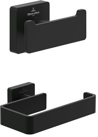 Villeroy & Boch Elements-Striking Accessoire-Set (2 in 1 Bundle), Bad Zubehör Set bestehend aus Doppel-Handtuchhaken und Toilettenpapierhalter ohne Deckel, Matt Black
