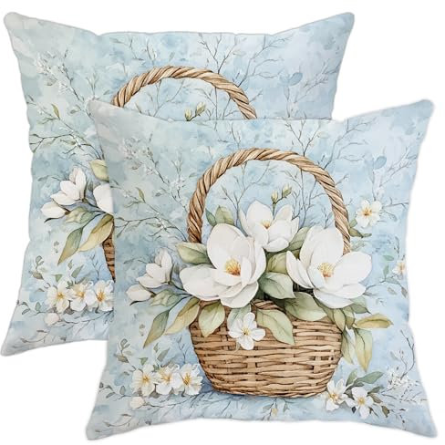 Frühlingsblumen-Kissenbezüge, 2er-Set, weiße Magnolie, dekorativ, quadratisch, Landhaus-Dekor, Kissenbezüge für Zuhause, Sofa, Bett, Couch, 45,7 x 45,7 cm