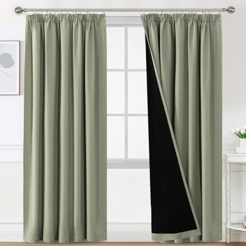 BellaHills 100% Rideaux Occultant 2 Panneaux Tenture,Double Rideaux Occultant et Thermique,pour Maison Salon et Chambre,140x260CM,Vert Sauge