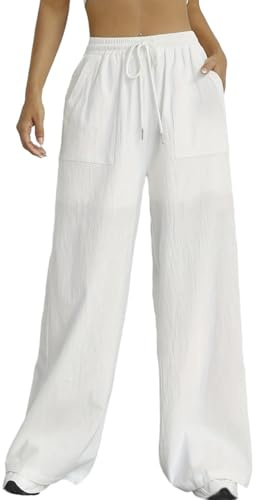 Nuofengkudu Pantalones de verano de pierna ancha para mujer, pantalones de verano ligeros con bolsillos, cordón, elástico, yoga, pantalones de ocio, cómodos, aireados, palazzo, pantalones relajados
