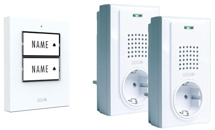 m-e Funkklingel BELL-5022 W, für 2-Familienhaus, Kunststoff weiß Klingeltaster und 2 Türglocken für Steckdose | Erweiterbare kabellose Funk-Türklingel | 250 Meter Funk-Reichweite