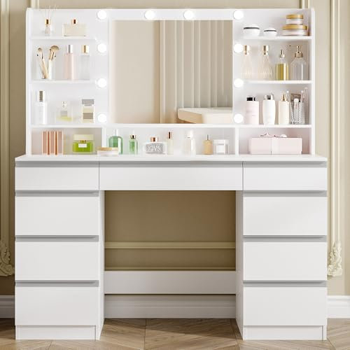 Hzuaneri Dressing Table with 10 LED Light Globes, Vanity Desk with 1 Large Drawer and 8 Small Drawer Cabinets, Adjustable Brightness, Large HD Mirror, 9 Open Storage Areas, White DT35703W