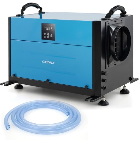 COSTWAY Luftentfeuchter mit 3 Modi & 24H Timer, Bautrockner hängend & freistehend 2in1, Industrie Trocknungsgerät mit Ablaufschlauch & automatischer Abtauung für Keller, Lager (Blau,27-73 L/Tag)