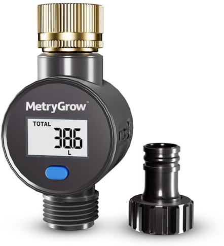 Water Flow Meter with Brass Inlet, Measuring Gallon/Liter Consumption and Flow Rate for Outdoor Garden Hose Watering, RV Essentials Water Tank Filling, Sprinkler and Nozzle Sprayer (1 Pack)