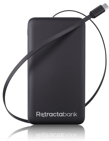Retractabank 10,000mAh Powerbank with Built-In Retractable USB-C Lead, 3xUSB outputs (2x USB-C, 1xUSB-A)