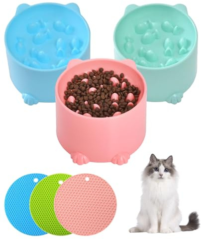 FunnAura 3 Pcs Slow Feeder Cat Bowl, Raised Cat Slow Feeder Bowl with Anti-skid Mat for Neck Support